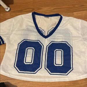 Spirit White and Blue Mesh Jersey Top with V-Neck
